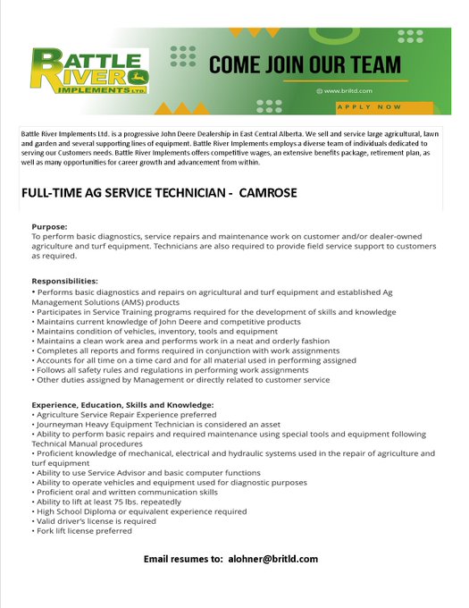 We are #hiring @BRILTD #Camrose #Alberta  
Send resumes to alohner@briltd.com  #JohnDeere #service #agtech #AgJobs  briltd.com