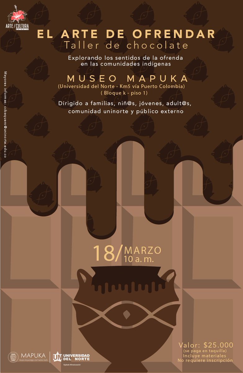 MapukaUninorte's tweet photo. ¡Regresan los sábados de taller al museo!

En esta visita-taller haremos énfasis en los objetos ceremoniales de la colección y conversaremos sobre la técnica de la cera perdida usada por las comunidades Zenú y Tairona para elaborar piezas de orfebrería. 

¡Te esperamos! https://t.co/uPwE8hMrB8