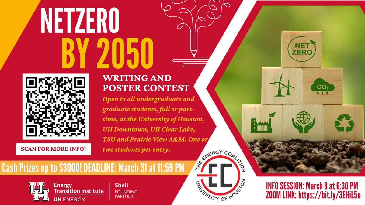 UH Energy (@uhoustonenergy) on Twitter photo 2023-03-14 21:28:58 Undergrad and grad students are asked to explore what a #NetZero world will look like in 2050 with our writing/poster contest. Cash prizes up to $3k! Deadline is March 31. Open to students at @UHouston, @uhdowntown, @UHClearLake, @PVAMU & @TexasSouthern! uh.edu/uh-energy/stud… Undergrad and grad students are asked to explore what a #NetZero world will look like in 2050 with our writing/poster contest. Cash prizes up to $3k! Deadline is March 31. Open to students at @UHouston, @uhdowntown, @UHClearLake, @PVAMU & @TexasSouthern! uh.edu/uh-energy/stud…