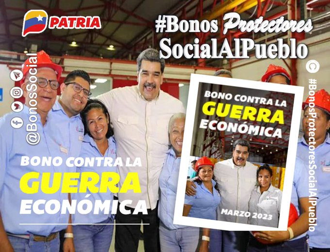 elheans's tweet photo. 🚨 #ATENCIÓN: Inicia la entrega del #BonoContraLaGuerraEconómica (marzo 2023) para los trabajadores y jubilados de la administración pública a través del Sistema 
@CarnetDLaPatria
 enviado por nuestro Pdte. 
@NicolasMaduro
.

@BonosSocial
 
 #ChavezDelMundo https://t.co/9LkAIuatMH