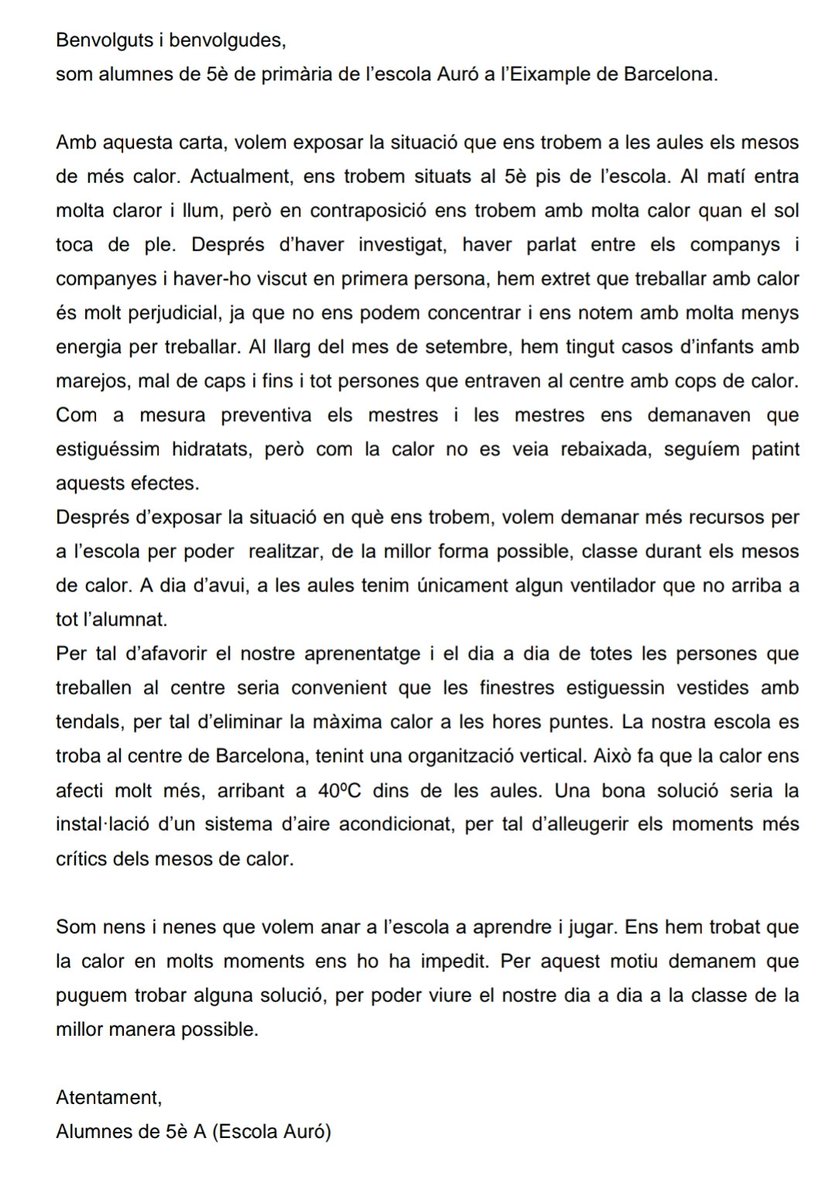 AfaAuro's tweet photo. Parlen de marejos, mals de cap, cops de calor, manca de concentració, d'estar xops a classe, no tenir espais amb ombra al pati... I demanen mesures com tendals i aire condicionat. ⬇️⬇️ https://t.co/z8a7Hq5res