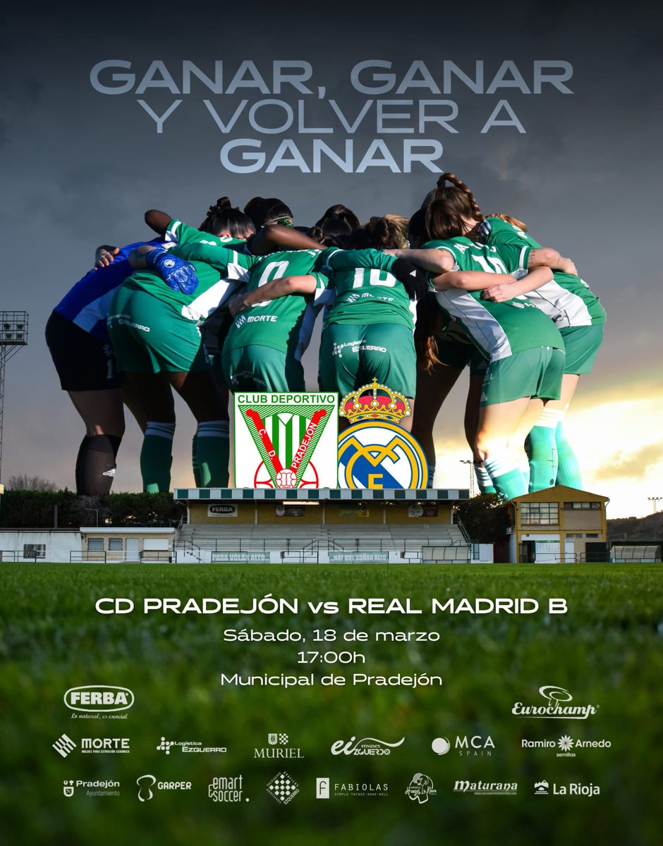CDPradejon's tweet photo. GANAR, GANAR Y VOLVER A GANAR

⚔️@CDPradejon 🆚@realmadridfem B
🏟️ Municipal Pradejón 
📆 Sábado 18 de Marzo
🕔 17:00
🎟️ 10€ // Socios Gratis

Queremos que seáis la jugadora #12 y que tod@s junt@s hagamos del sábado un día inolvidable

💚 #vamosverdes #todoalverde  💚 https://t.co/FzJDsnDEZU