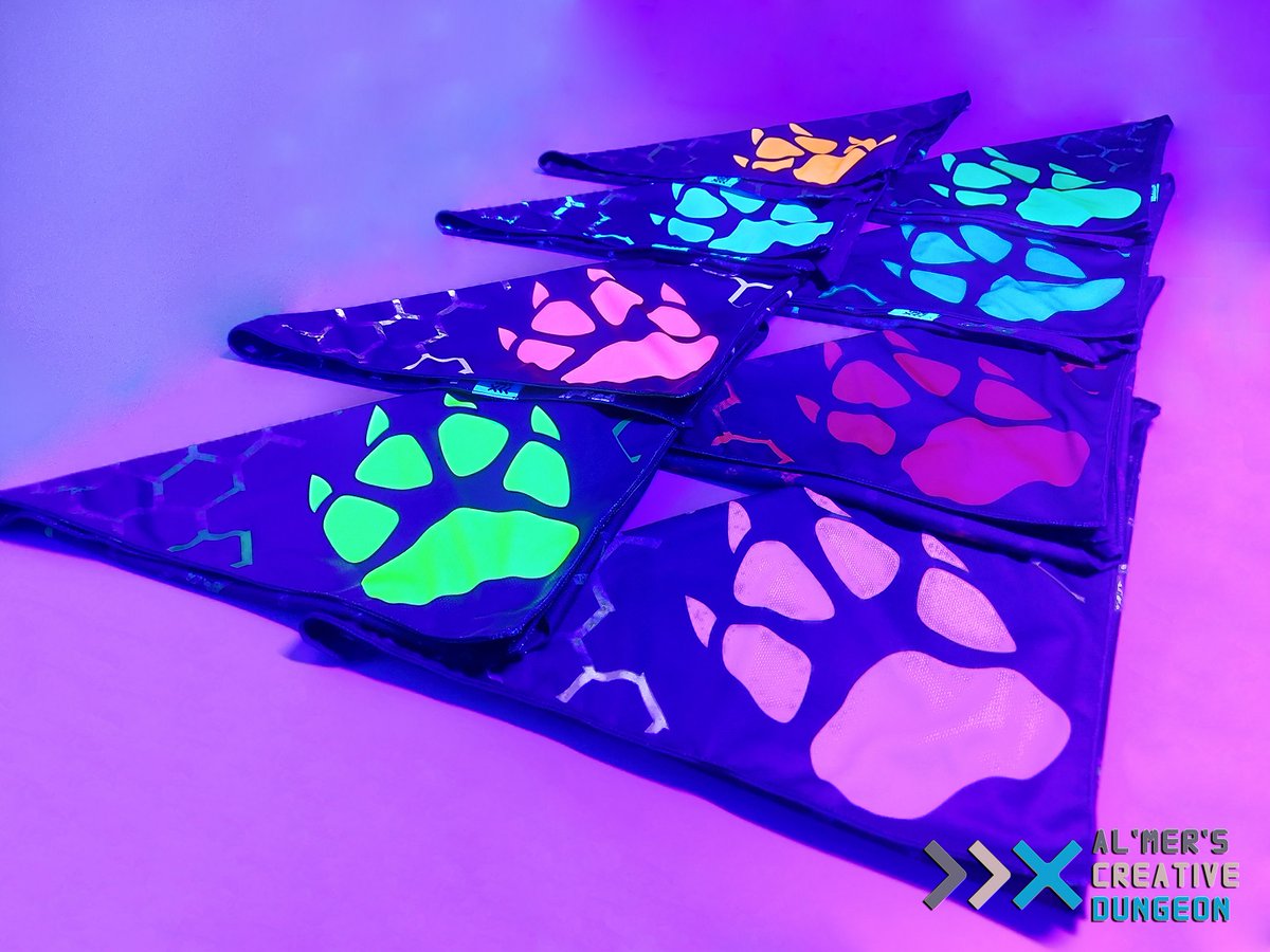 Large Paw bandanas available
Material: 100% Polyester
Dimension: 70*70*100 cm
Colors:
Yellow, Orange, Blue, Green, Pink, Violet - UV Reactive
Red, White - Non UV 
For orders visit etsy.com/shop/AlMersDun…
...
 or contact @ Kaaliss (telegram) directly

#furry #furrycommission