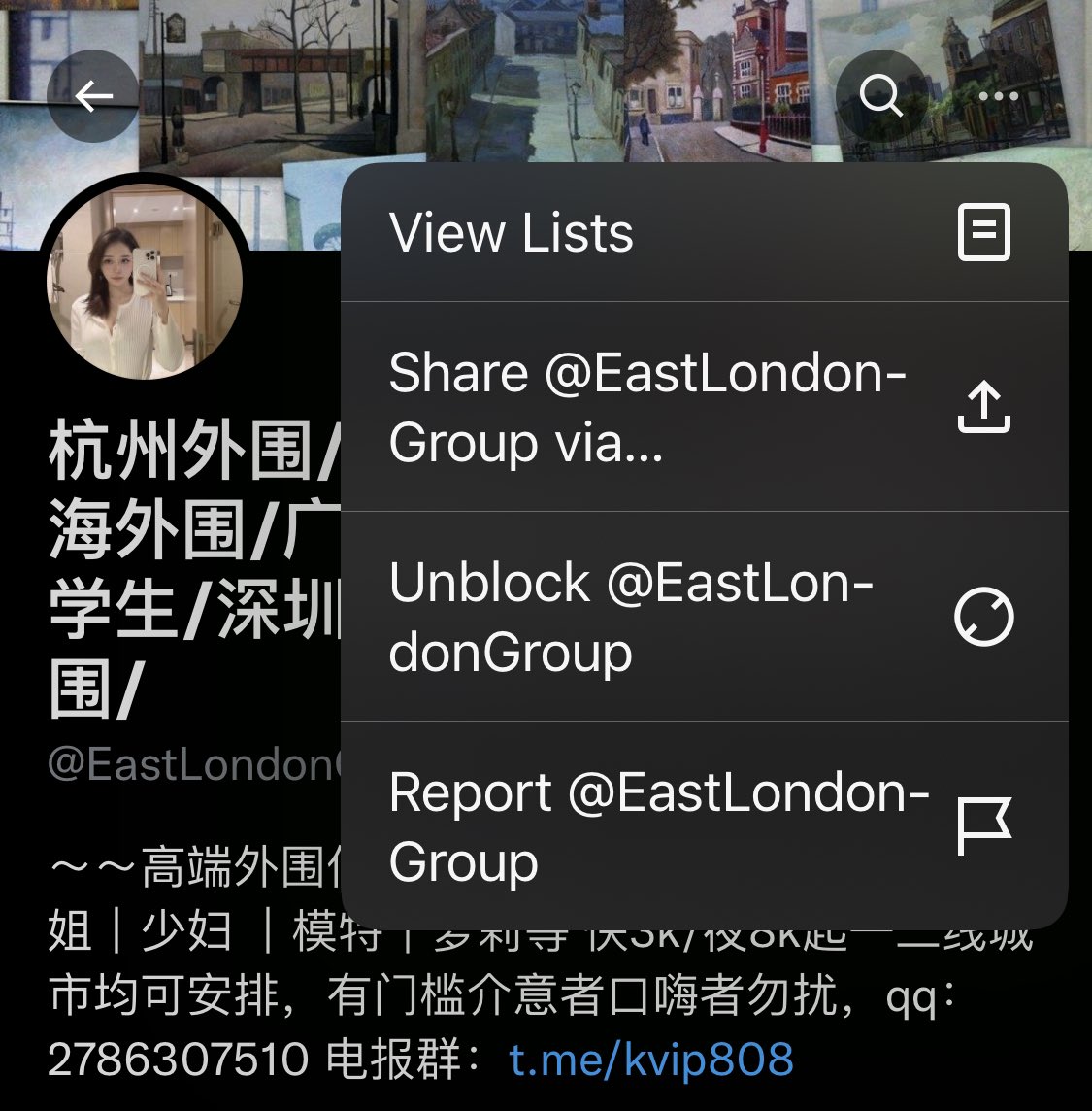 It seems that @EastLondonGroup have been hacked by some sort of escort agency. If people could report by clicking on the profile page they’d be very grateful!