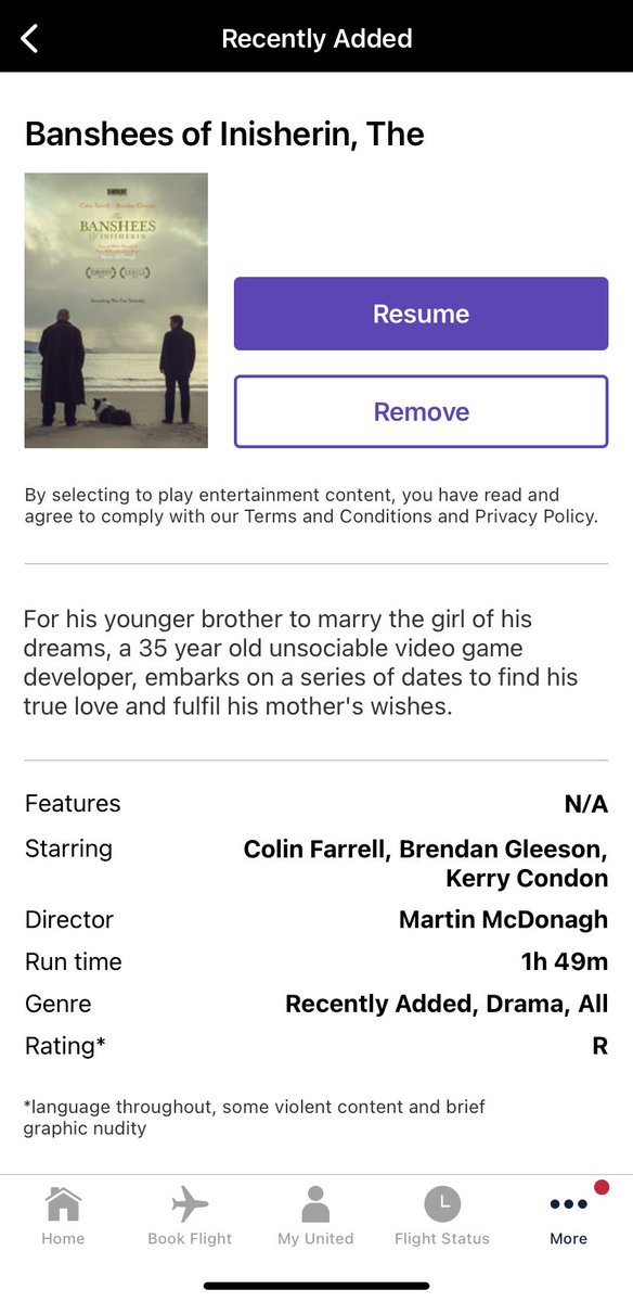 C_Lassman29's tweet photo. @united you may want to check on your movie description team? This description of Oscar nominated @Banshees_Movie was definitely not close: #SOS #bansheesofinisherin #United #OSCAR https://t.co/j5TPyvrjid