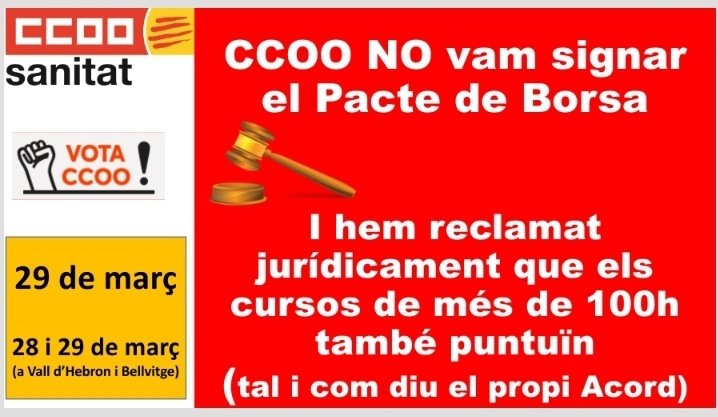 CCOOsanitat's tweet photo. .@CCOOsanitat NO vam signar el Pacte de Borsa @icscat 

📌 I hem reclamat jurídicament que els cursos de més de 100h també puntuiïn, tal i com diu el propi Acord.

🗳 29 març VOTA  #CCOO
(28 i 29 V Hebron i Bellvitge) https://t.co/mPypkKn4vk
