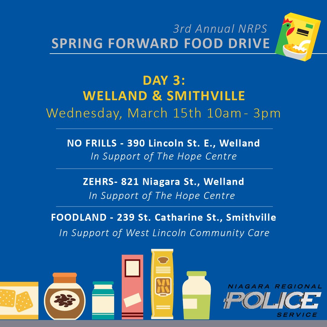 DAY 3 Wednesday: <a href="/NiagRegPolice/">NRPS</a> Spring Food Drive. 10a-3p <a href="/TheHopeCentre/">The Hope Centre</a> <a href="/nofrillsCA/">No Frills</a> <a href="/917GIANTFM/">Classic Rock 91.7 GIANT FM</a> <a href="/JayMcCarthyNRP/">Jason McCarthy</a> <a href="/SSabourinNRP/">Stephanie Sabourin</a> <a href="/StefMizzi/">Stephanie Mizzi</a> <a href="/Jef_Brown/">Jef Brown</a> Please be Generous!