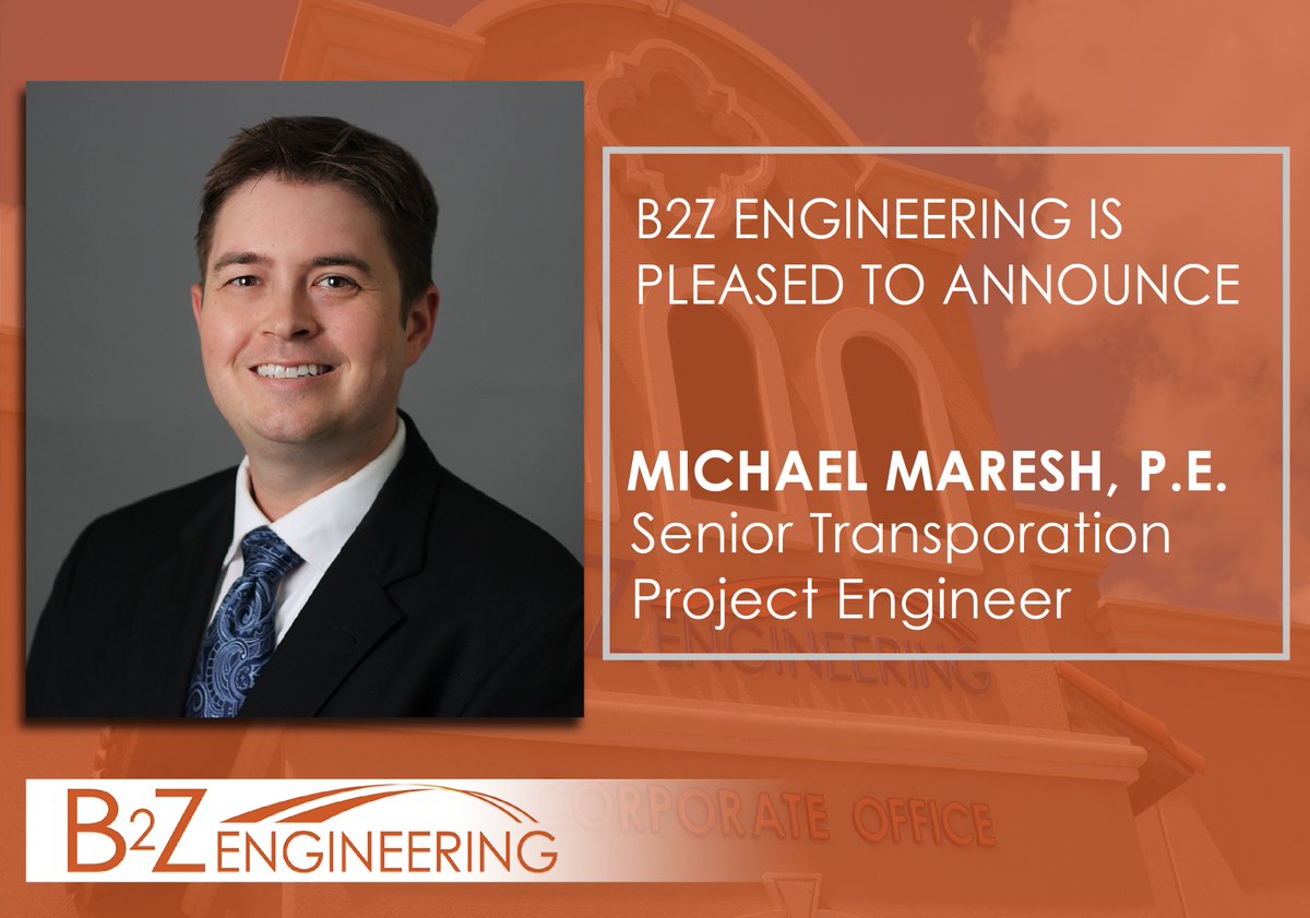 B2zEngineering's tweet photo. We are excited to announce Michael Maresh, P.E., has joined B2Z, leading our Roadway Design Team. With his addition, we are excited to continue growing our presence and bringing value to our clients' projects. Welcome to the B2Z family! #b2zengineering #welcome #b2zfamily https://t.co/ls0qgxutGc