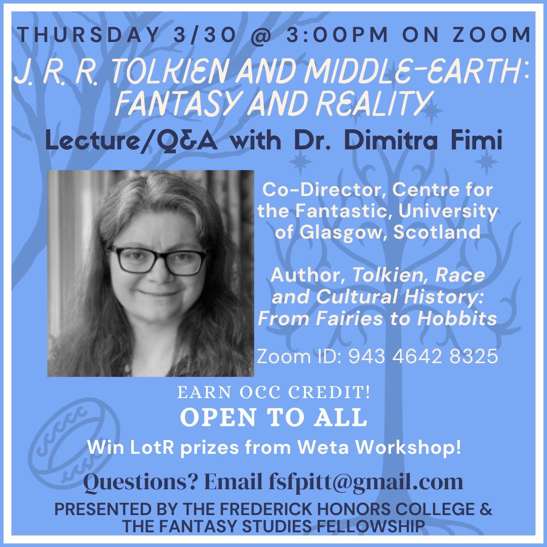 PittLitProgram's tweet image. We invite you to attend “J. R. R. Tolkien and Middle-Earth: Fantasy and Reality,” a lecture and Q&amp;amp;A led by Dr. Dimitra Fimi on Thursday 3/30 at 3pm on Zoom! This event is open to all with Lord of the Ring prizes from the Weta Workshop!