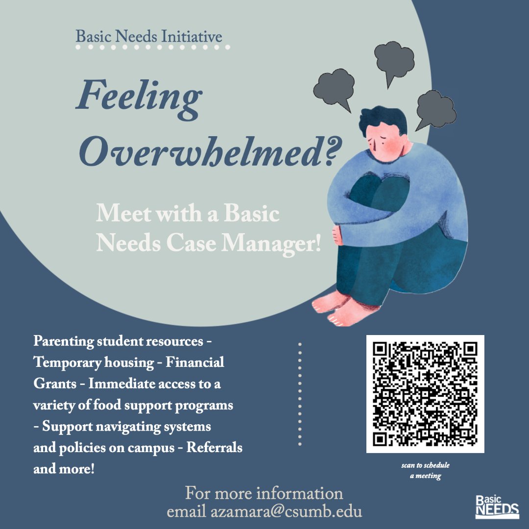 BasicNeedsCSUMB's tweet image. Facing a crisis? Wondering where the rent will come from this month? Having a hard time balancing work, school and parenting? Meet with one of our Care Managers  today to discuss your options and resources available to CSUMB students. Follow our QR code or the link in our bio!