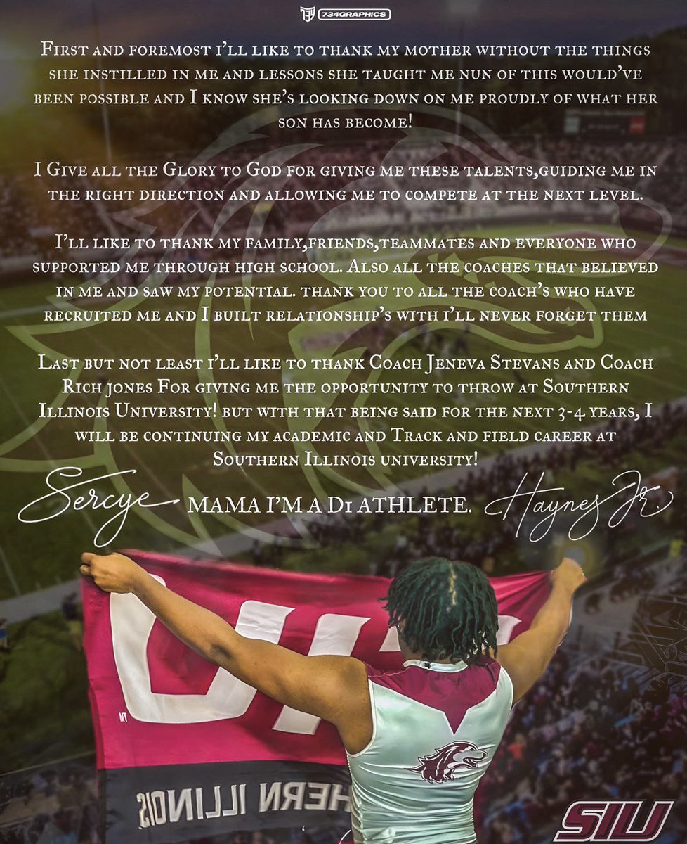 1000% Committed excited to announce that I will be continuing my academic and athletic career at the Southern Illinois university Huge thank you to <a href="/SIU_TrackXC/">Saluki Track & Field</a> <a href="/coachrichjones/">Rich J OLY</a> for giving me this amazing opportunity. Cant wait to get started #AGTG #Salukination