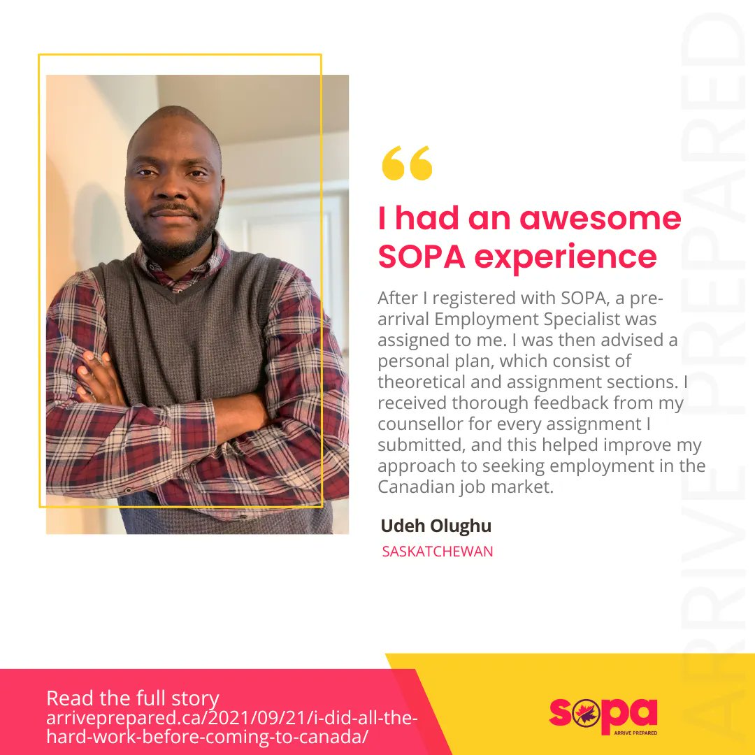 ArrivePrepared's tweet photo. Udeh Olughu arrived in Canada from Nigeria. Udeh found a job in his field just 13 days after landing. 

Full story: https://t.co/tqfCwPXtgX 

#SOPA #SOPASK #SOPABlog #ArrivePrepared #NewPost #PreArrival #InformationForNewcomers https://t.co/nw8tCWhY71