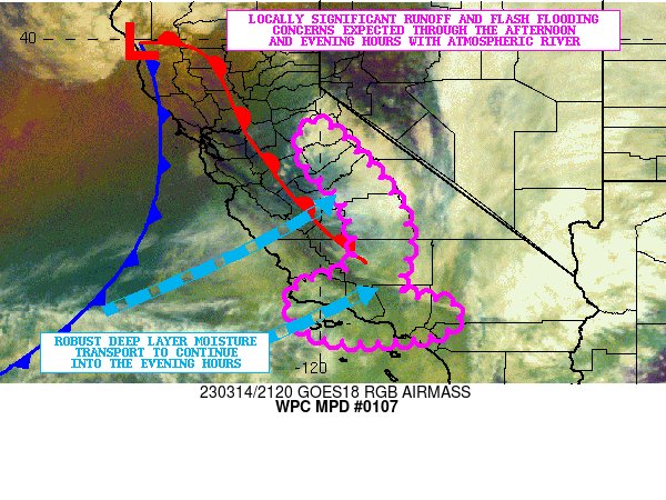 NWSWPC's tweet photo. #WPC_MD 0107 affecting Foothills of the Central and Southern Sierra Nevada into the Transverse Range of Southern California, #cawx, https://t.co/uUvTtYkFGg https://t.co/sb78ZcrXUT