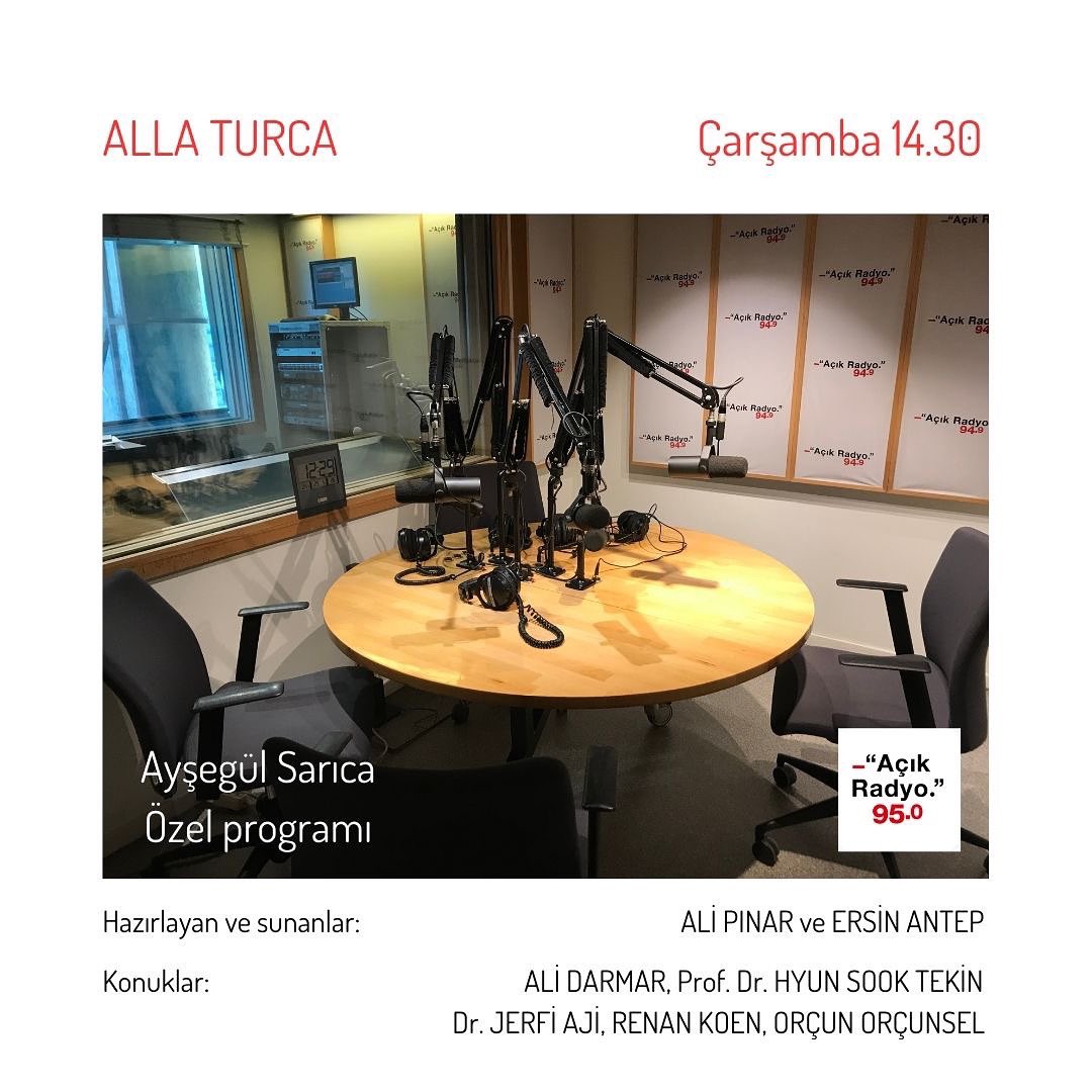 Çarşamba 14.30’da 95FM #AçıkRadyo’da #AllaTurca - #AyşegülSarıca Özel Programı’nın konukları #AliDarmar, Prof. Dr. #HyunSookTekin, Dr. #JerfiAji,
#RenanKoen ve #OrçunOrçunsel 

📻 Stream link: 
acikradyo.com.tr