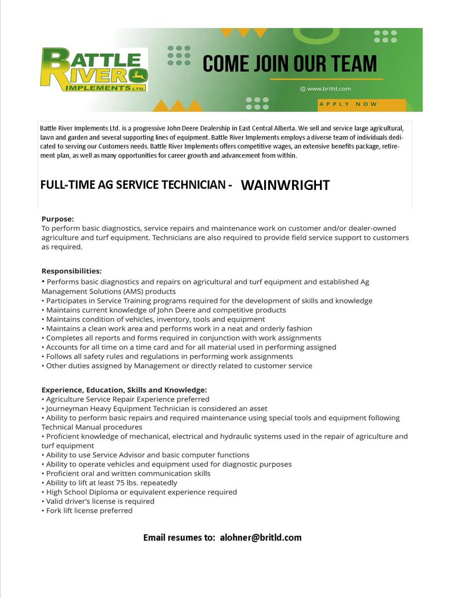 We are #hiring #FullTime @BRILTD #Wainwright #Alberta  Send resumes to alohner@briltd.com  #JohnDeere #service #agtech #AgJobs  briltd.com