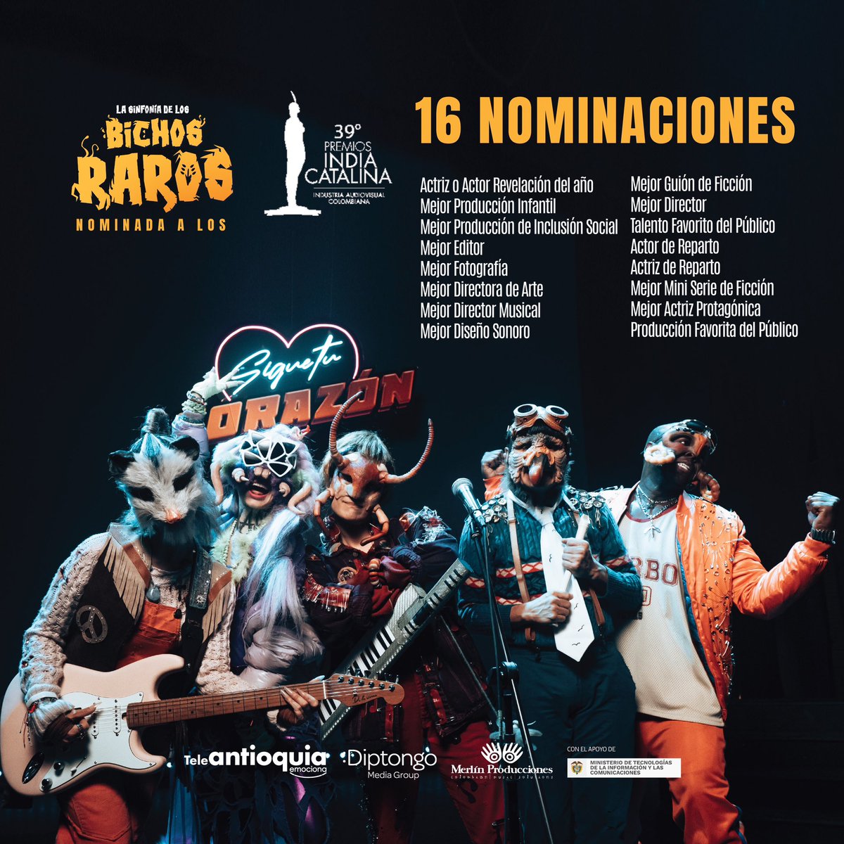 Los bichos raros demostrando que se puede celebrar la rareza y abrazar la diversidad. Con gran felicidad les compartimos las 16 nominaciones de nuestra serie en los premios India Catalina <a href="/Indiapremiostv/">PremiosIndiaCatalina</a> <a href="/Teleantioquia/">Teleantioquia</a> <a href="/sinfoniabichos/">La Sinfonía de los Bichos Raros</a> <a href="/diptongostudio/">Diptongo Media Group</a> <a href="/MerlinProdu/">merlinprodu</a>
