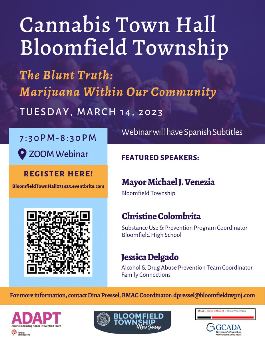 JOIN US TONIGHT! ADAPT is collaborating with the Bloomfield Municipal Alliance Committee to host a virtual Cannabis Town Hall on Tuesday, March 14, 2023 from 7:30pm – 8:30pm.  #canabiseducation #cannabis #blunttruth #townhall