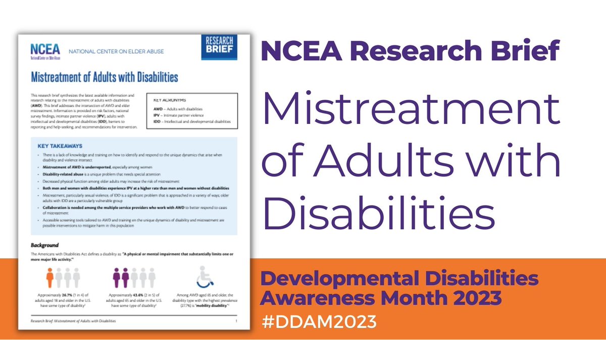 NCEAatUSC's tweet image. We believe that aging and disability should not be viewed as limitations, but as opportunities for growth and empowerment. Join us in going #BeyondTheConversation for #DDAwareness2023 

Learn about the intersection of abuse and adults with disabilities.
ncea.acl.gov/NCEA/media/Pub…