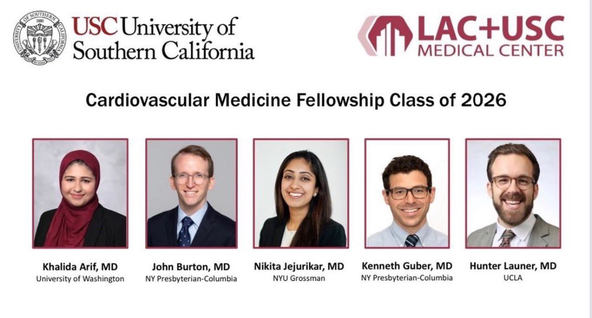 LAC+USC Cardiovascular Medicine Fellowship (@usc_cardiology) on Twitter photo We are thrilled to welcome the newest additions to our Trojan Family! Canโt wait to work with this brilliant and accomplished group of budding cardiologists #FightOn โฅ๏ธโ๏ธ We are thrilled to welcome the newest additions to our Trojan Family! Canโt wait to work with this brilliant and accomplished group of budding cardiologists #FightOn โฅ๏ธโ๏ธ
