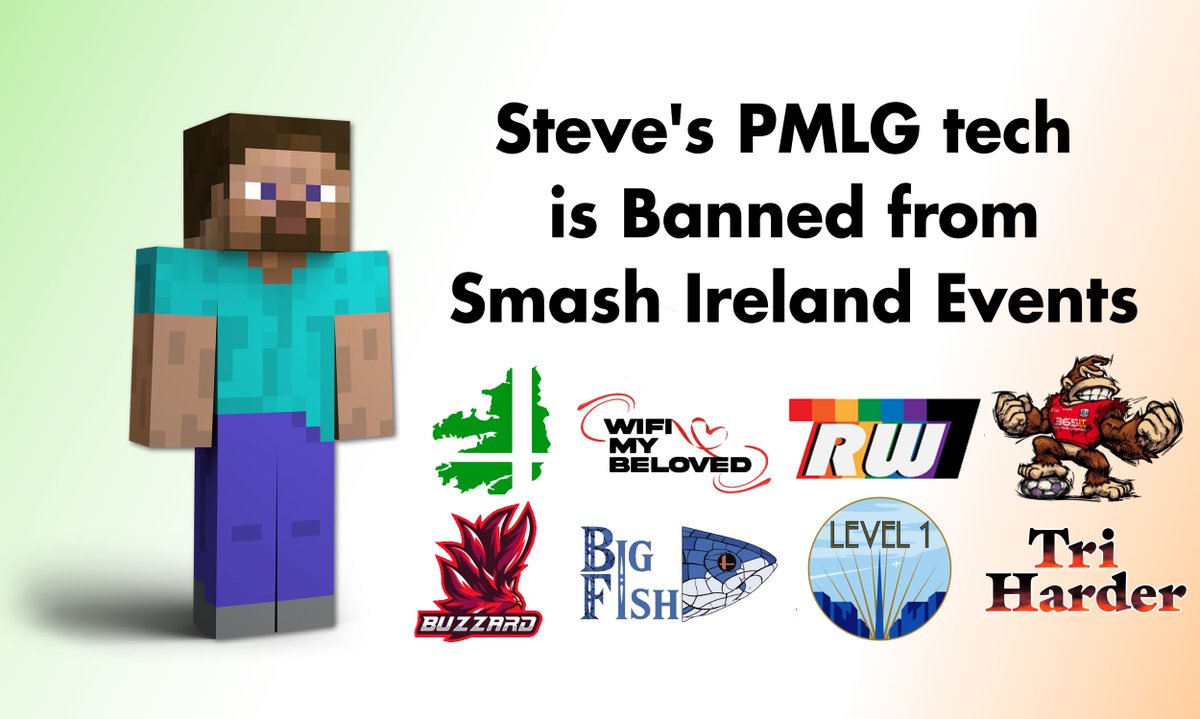 IrelandSSB's tweet photo. ❌PMLG is now Banned❌

Steve's Phantom Block Place Tech is now banned in Irish Tournaments. 

Repercussions for using the tech will be determined by individual Tournament Organising Teams.

The character Steve remains legal, but this may be subject to review in future. https://t.co/ZiFatYsLoM