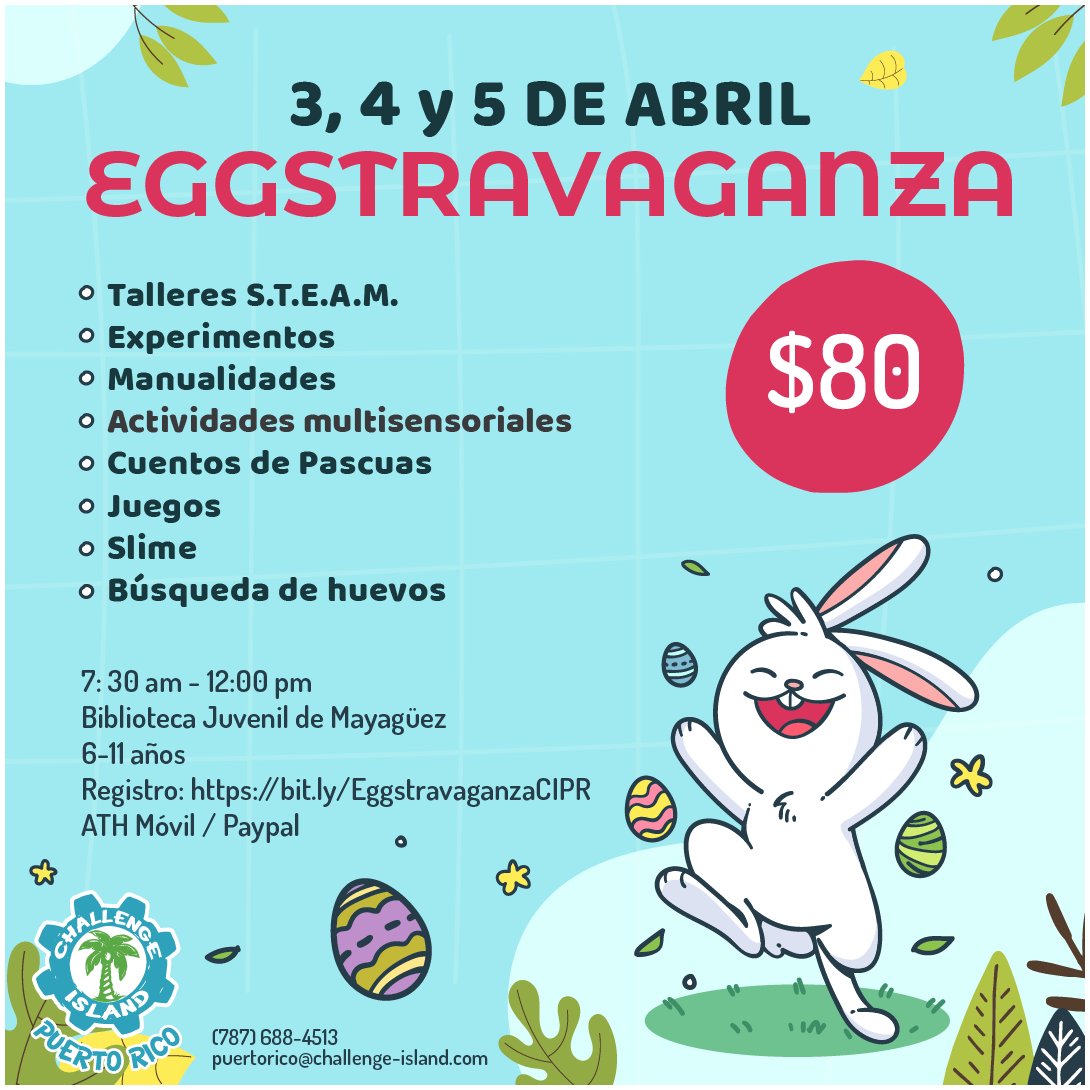 IslandPuerto's tweet photo. ¡Diversión! ¡Creatividad! ¡Aprendizaje! 🐇🐤 Eggstravaganza lo tiene todo 
https://t.co/4fUzMQXi5c
.
#ChallengeIslandPuertoRico #STEM #STEAM #TalleresCreativosParaNiños #Easter #SemanaSanta #Pascuas https://t.co/x3vHWpD409