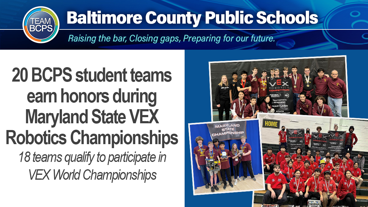 BaltCoPS's tweet photo. 👏 20 #TeamBCPS student teams from @DulaneyHigh, @HerefordHSBulls, @Hereford_MS, @TeamRidgely, and Sparks Elementary School earned honors recently during the Maryland State VEX Robotics Championships.

News Release ➡ https://t.co/Ixmk2POBEx https://t.co/KRBCxhB3Cc