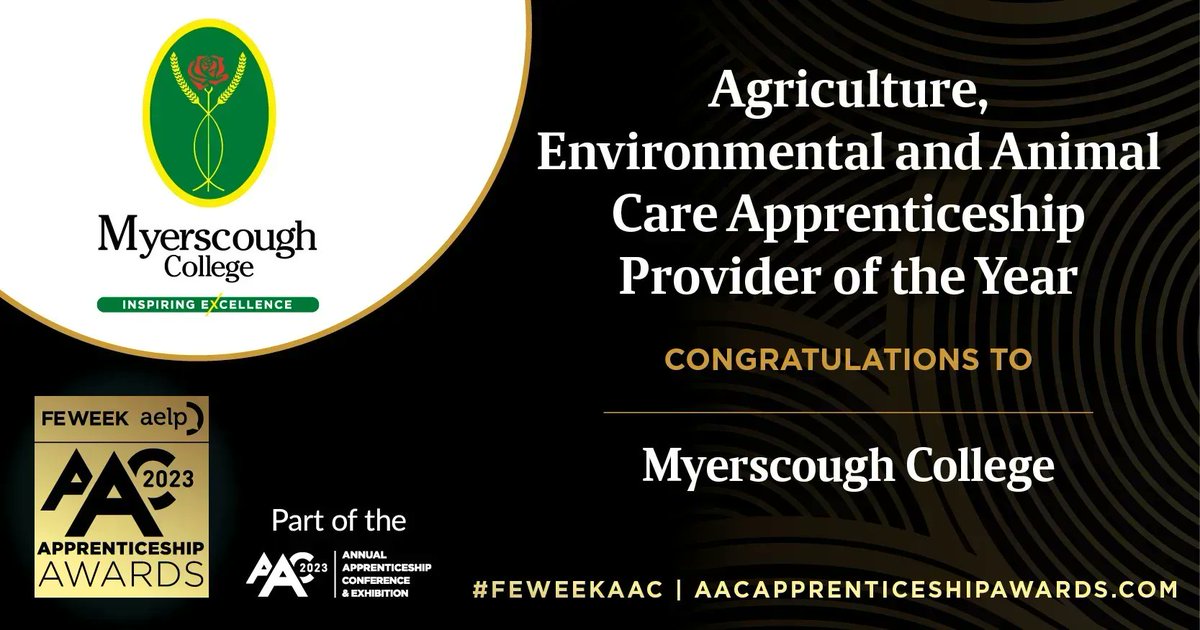 🏆Congratulations, <a href="/MyerscoughColl/">Myerscough College & University Centre</a>! This year's Agriculture, Environmental and Animal Care Apprenticeship Provider of the Year #FEWeekAAC