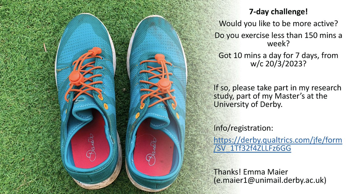 Can anyone help with my Master's degree study?! I'm after volunteers who are up for a 7-day challenge to walk for 10 mins a day.  

More info/registration: derby.qualtrics.com/jfe/form/SV_1T… 

#research #science #behaviouralscience  #MSc 
#prettyplease #localgov #ukhousing