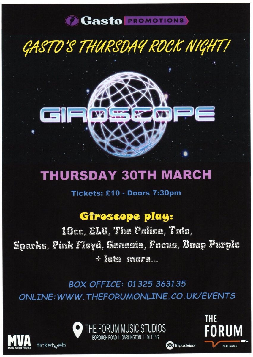 gastopromotion's tweet photo. “Gasto’s Thursday Rock Night!” A new idea for Classic Rock fans somewhere to go mid-week in Darlington.
First gig on Thursday 30th March: GIROSCOPE playing classic 70's prog rock. 
Tickets £10. Box Office 01325 363135. 
Forum Music Studios. Borough Road. Darlington. DL1 1SG https://t.co/cDs3zBNSSR