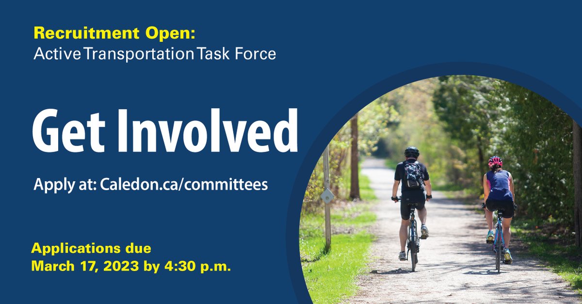 TownOfCaledon's tweet photo. Are you an advocate for active transportation?

Join our Active Transportation Task Force to help us create a safer community by developing pedestrian, cycling, and trail features in #Caledon.

Only 3 days left to apply: https://t.co/ui2z4OPbbw. https://t.co/Zhvqph0C6p