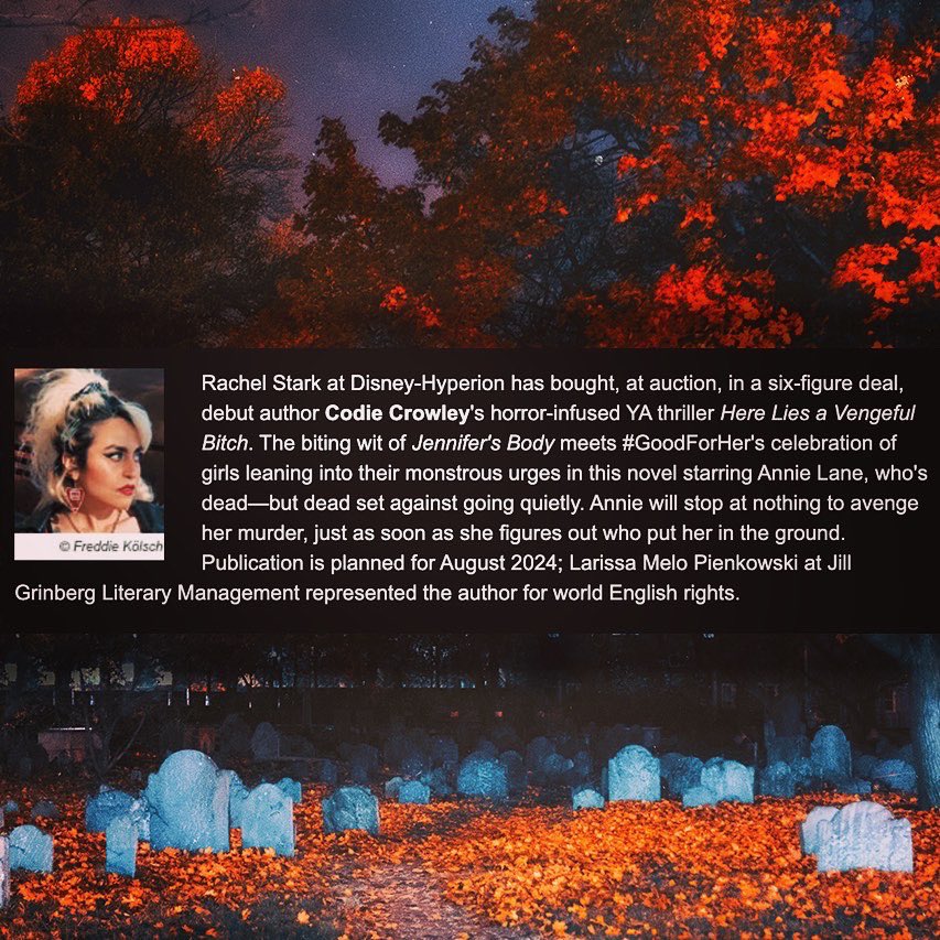 codiecrowley's tweet photo. not only is it my pi day birthday, it is also the day i get to tell you that my book HERE LIES A VENGEFUL BITCH is being published by @DisneyBooks august 2024!!!!! https://t.co/rFMDhtHLLN