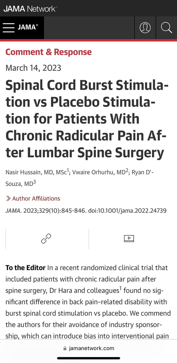 Ryan D'Souza, MD (@ryan_s_dsouzamd) on Twitter photo Our article in <a href="/JAMA_current/">JAMA</a> on the Hara et al paper comparing SCS vs placebo.
We critique some flaws in the manuscript – lack of washout period, different waveform paradigms used in trial vs implant, protocol violations.
<a href="/NANS_ION/">NANS Official</a> <a href="/nasir418/">Nasir Hussain</a> <a href="/VwaireO/">Vwaire Orhurhu</a> Our article in <a href="/JAMA_current/">JAMA</a> on the Hara et al paper comparing SCS vs placebo.
We critique some flaws in the manuscript – lack of washout period, different waveform paradigms used in trial vs implant, protocol violations.
<a href="/NANS_ION/">NANS Official</a> <a href="/nasir418/">Nasir Hussain</a> <a href="/VwaireO/">Vwaire Orhurhu</a>