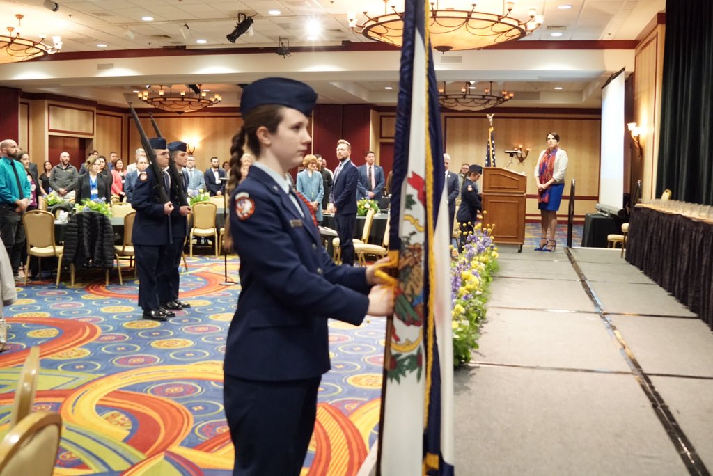 WVEducation's tweet photo. Izaiah Bess of Dupont Middle School performed the National Anthem and “Country Roads”while members of South Charleston High School's JROTC presented the colors under the direction of Maj. Ronald Bellue. 🇺🇸🎶   #WVEd #NBCT2023 https://t.co/KShhzL4E3D