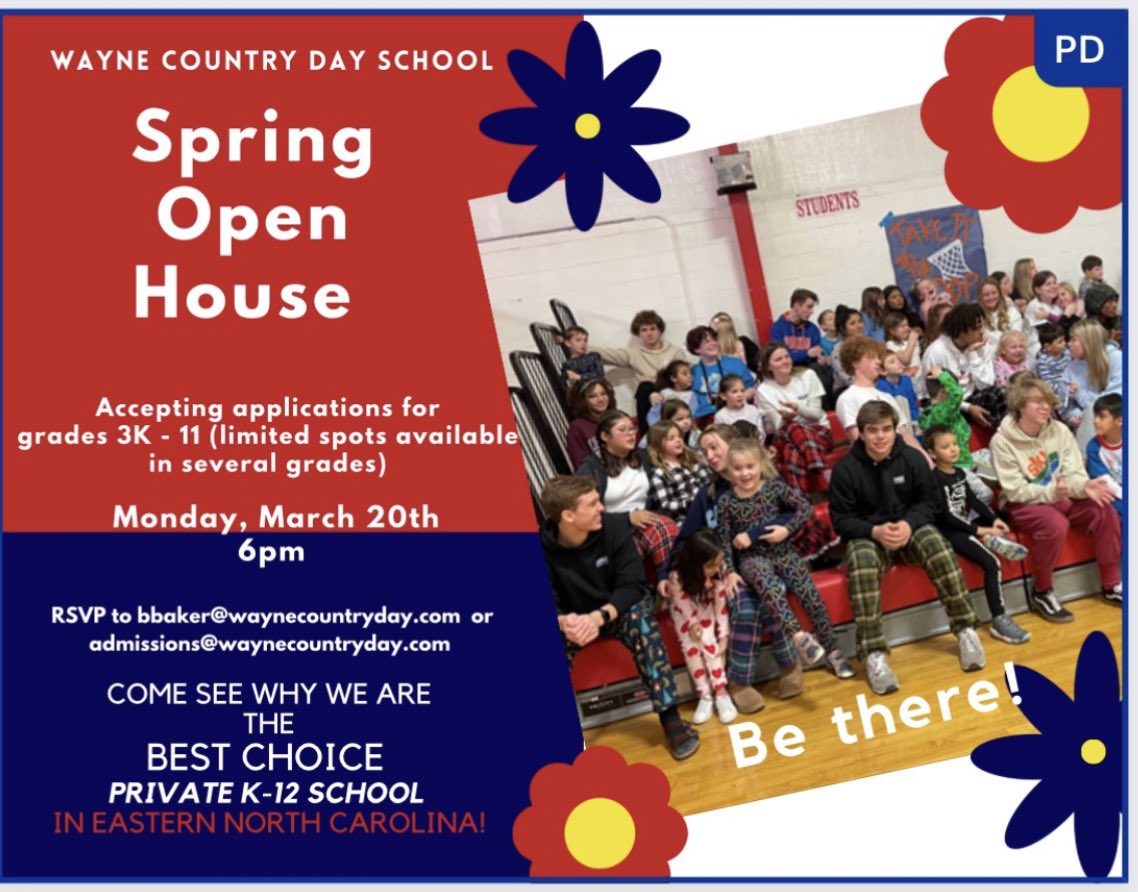 We are having an open house Monday at 6:00. It’s a great chance to tour the school, meet teachers, and get an idea of what we’re about! If interested, please RSVP to the emails provided so our admissions and guidance can plan. Looking forward to meeting prospective students!