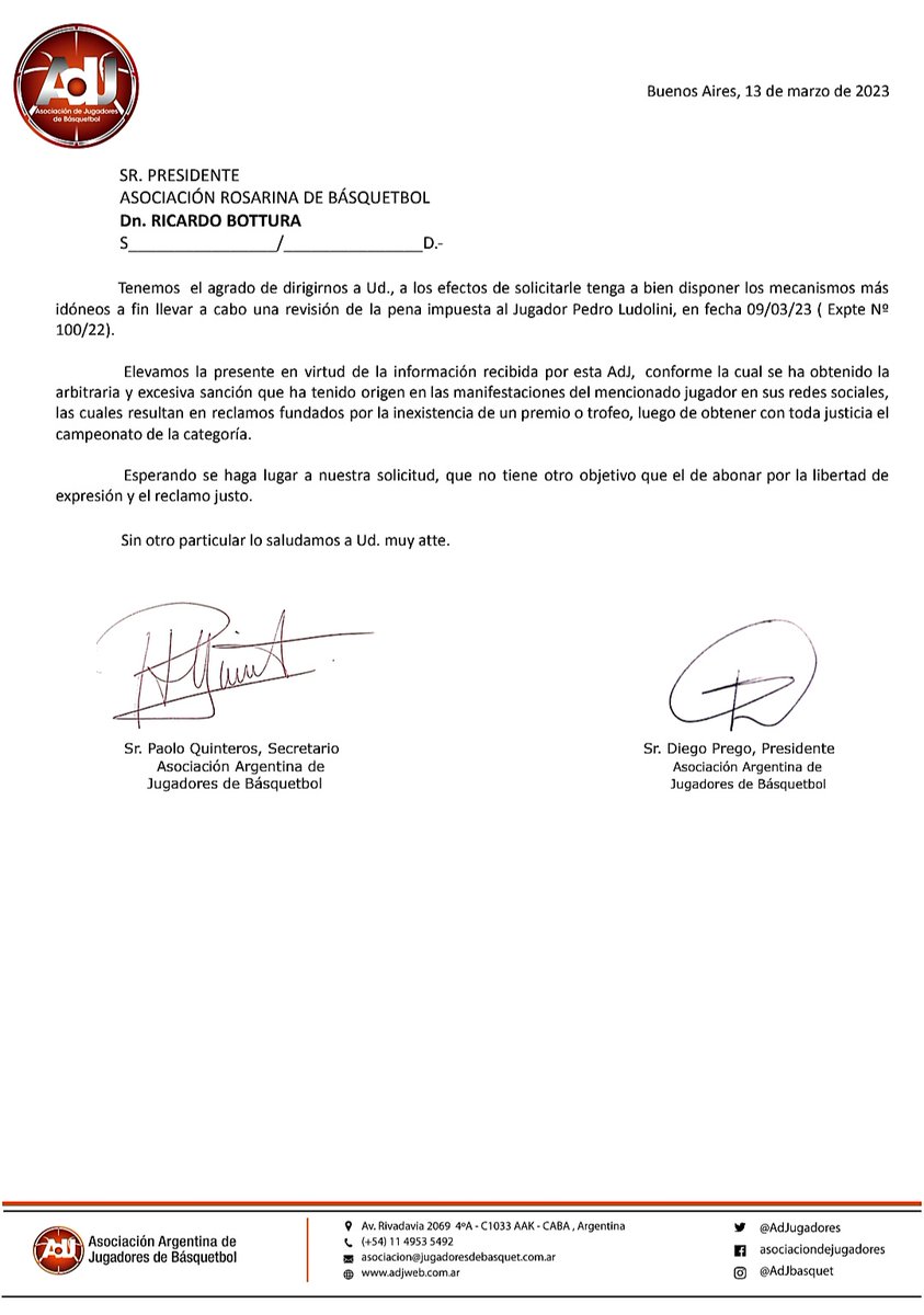 AdJugadores's tweet photo. Atentos a la sanción que recibió el jugador Pedro Ludolini por sus expresiones en redes sociales, enviamos nota solicitando se revea la pena establecida por la Asociación Rosarina de Básquetbol @ARBB1926 https://t.co/BkeUUiXeD1
