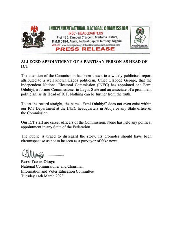 inecnigeria's tweet photo. PRESS RELEASE
Alleged Appointment of a Partisan Person as Head of ICT https://t.co/7YD1UYQe7T