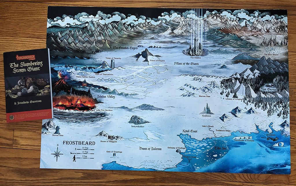 Limited edition Frostbeard Map of Jotunheim for the Slumbering Storm Giant Torchbearer RPG gazetteer