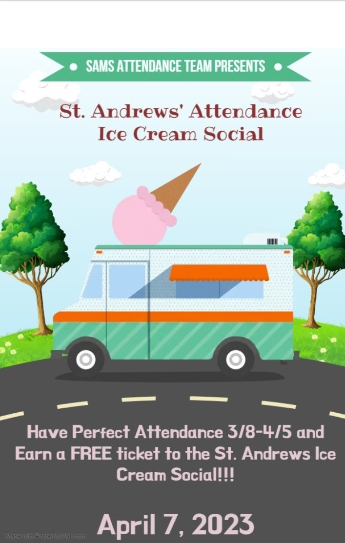 SAMSSaintsSoar's tweet photo. 🍦🍨 Saints! You want ice-cream? Let's attend all of our classes and attend the ice-cream social! 😊 #Attendancematters #saintssoar #icecream https://t.co/N9g2fC3Hhl