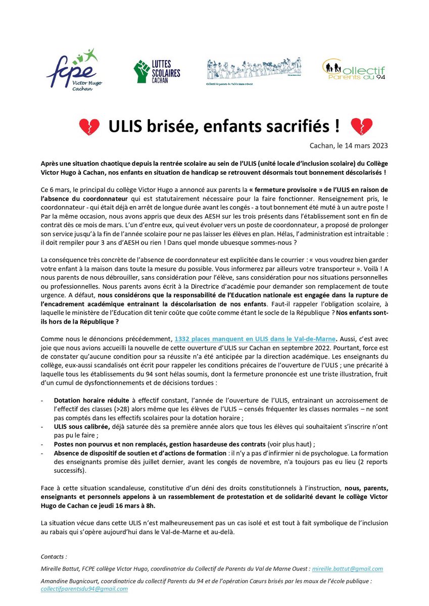 💔Après une situation chaotique depuis la rentrée scolaire au sein de l’ULIS (unité locale d’inclusion scolaire)du Collège Victor Hugo Cachan, 13 enfants en situation de handicap se retrouvent désormais tout bonnement déscolarisés!💔
1 cas loin d’être unique dans <a href="/valdemarne_94/">Val-de-Marne</a>