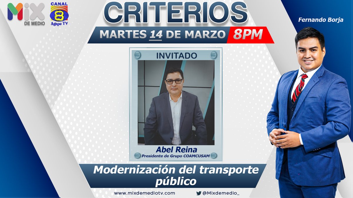 MixDeMedio_'s tweet photo. 🎙 𝐄𝐧𝐭𝐫𝐞𝐯𝐢𝐬𝐭𝐚 #𝐂𝐫𝐢𝐭𝐞𝐫𝐢𝐨𝐬 || Esta noche de 8:00 a 9:00 PM a través de Agape TV Canal 8 y #YouTube: 
https://t.co/DKEZzzbKUx 

🗣 Tema: “Modernización del transporte público". 

⭐️ Invitado:
➡ Abel Reina (@belReina_)  || Presidente de @GCoamcusam. https://t.co/w7WIYs4JVo