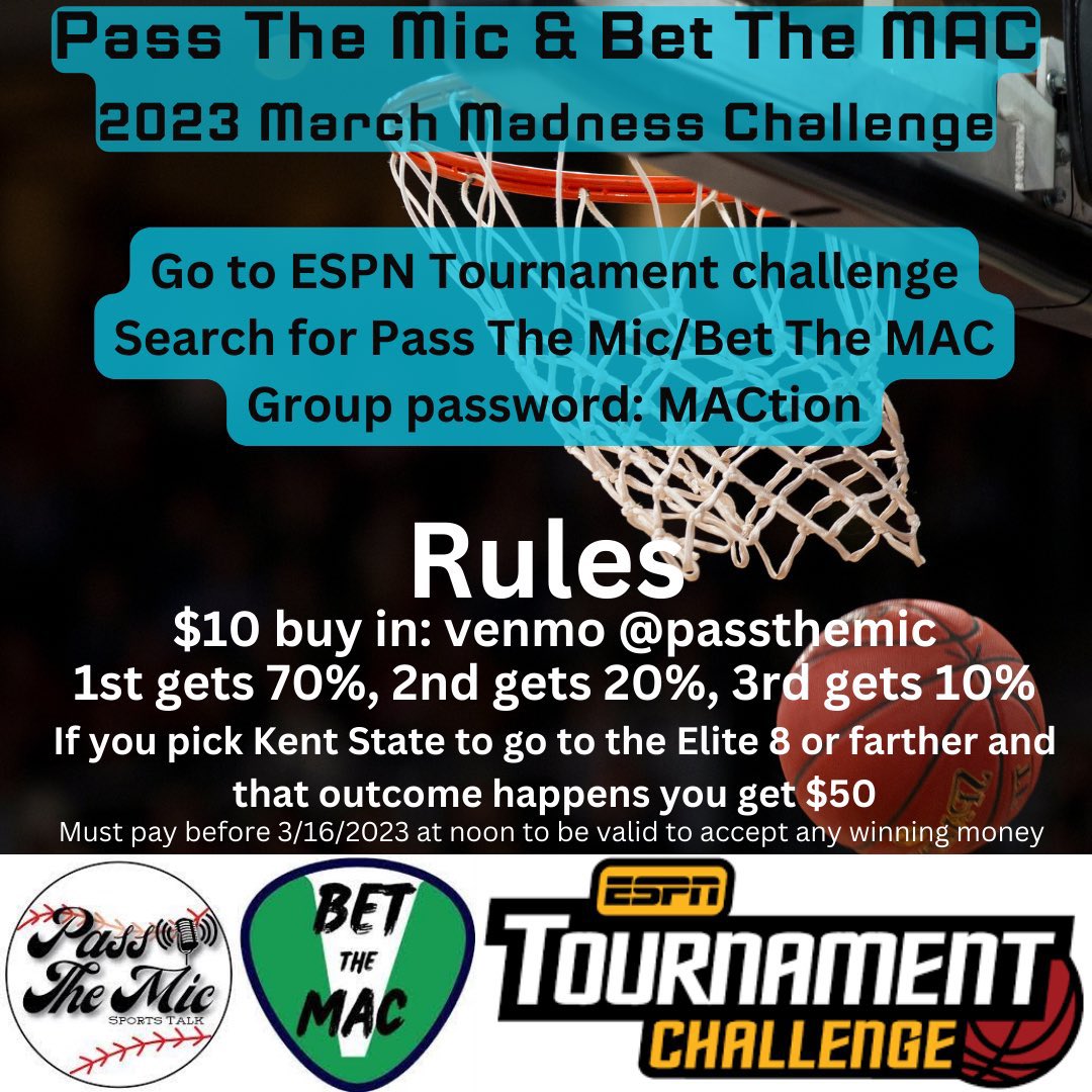 ArnieSports's tweet photo. Hello everyone ! 

My cohosts and I are hosting a bracket challenge for our podcast @BetTheMAC ! 

Al the information is on the flyer and with the password to the group as well! 

Good luck to everyone and happy March Madness ! https://t.co/kFXUQiCJgb