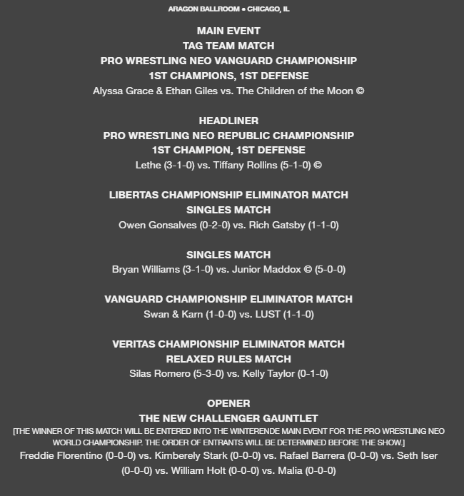 PW_NEO's tweet image. PRO WRESTLING NEO CHAPTER 001 Card - NO GFX.

The segment DL for this will be announced when the GFX version goes up. No rush.