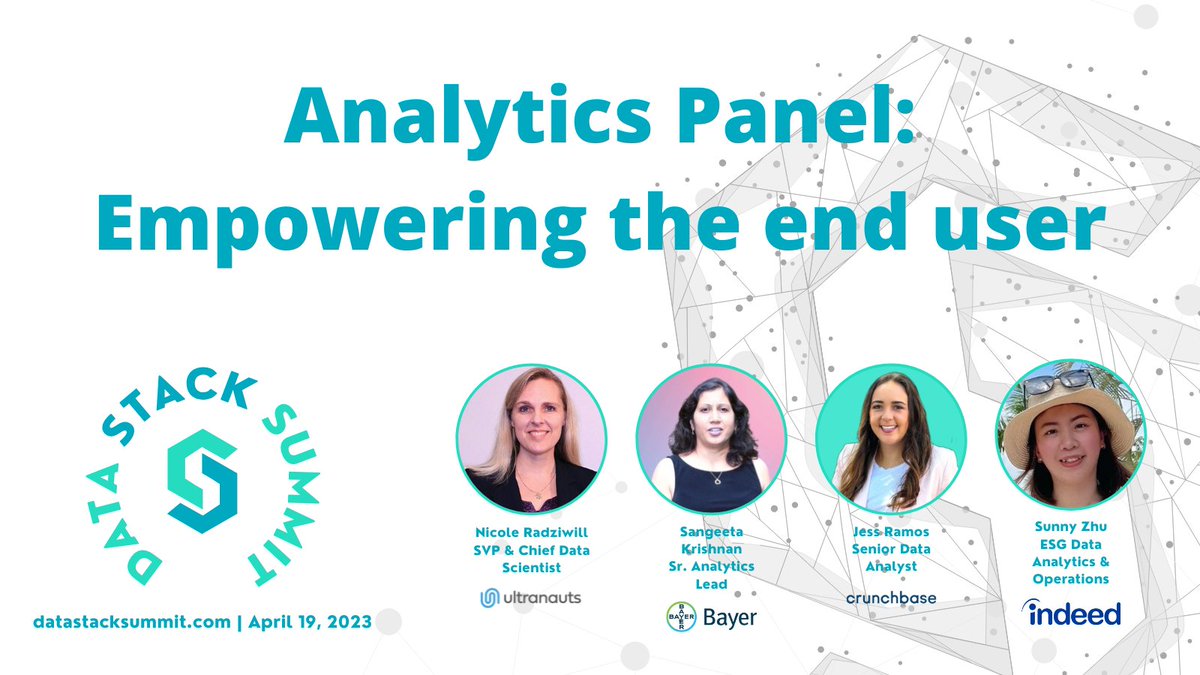 DataStackSummit's tweet image. How do we empower the analytics end user with data they need? Join Sunny, Nicole, Jess and Sangeeta for a panel on this important #DataAnalytics topic on April 19th at datastacksummit.com. 🙌