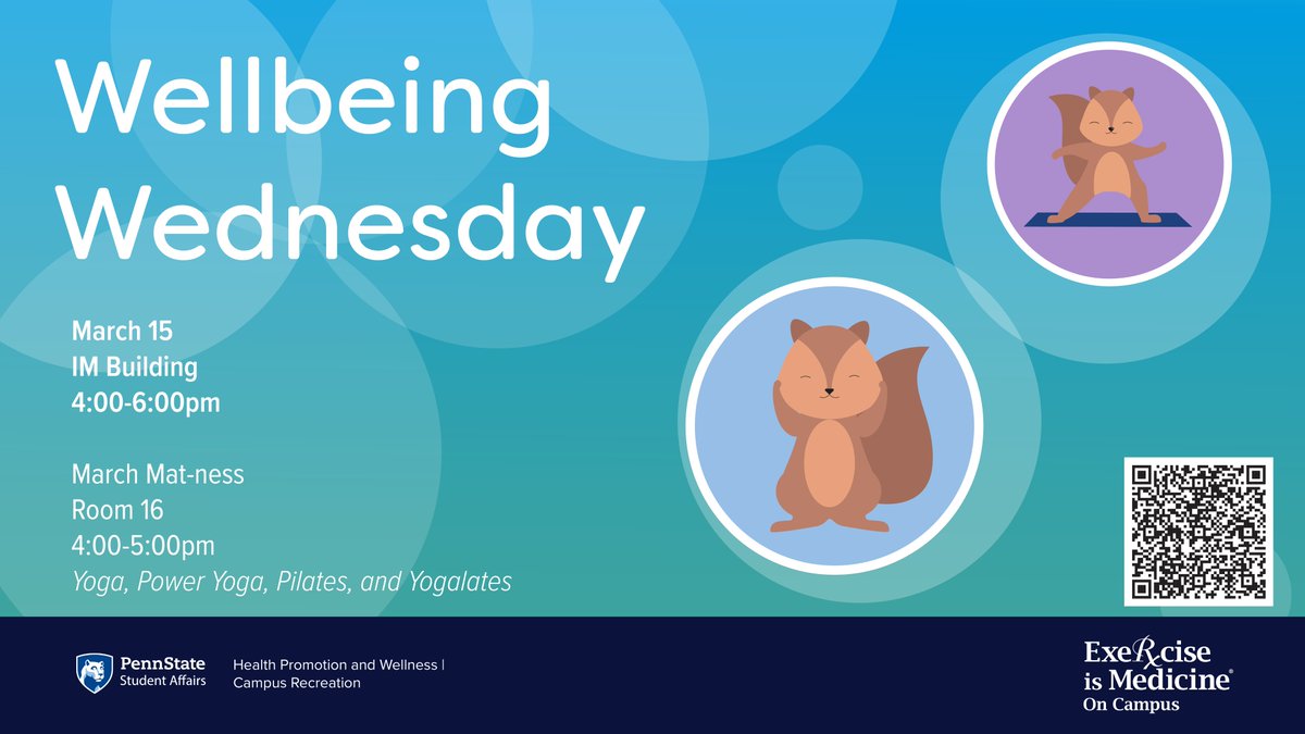 Come Move With Us! Join us for Well-being Wednesdays in March. This week we celebrate March Mat-ness Yoga &amp; Pilates Fusion. Free Frisbees on the IM Turf! #eim #wellbeing #psueim