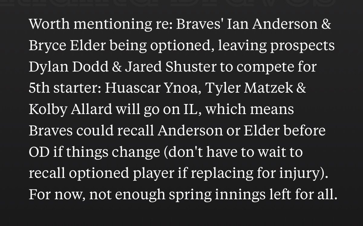 #Braves option Bryce Elder and Ian Anderson, making 5th-starter competition a two-prospect race that wouldn’t have seemed possible a few weeks ago: