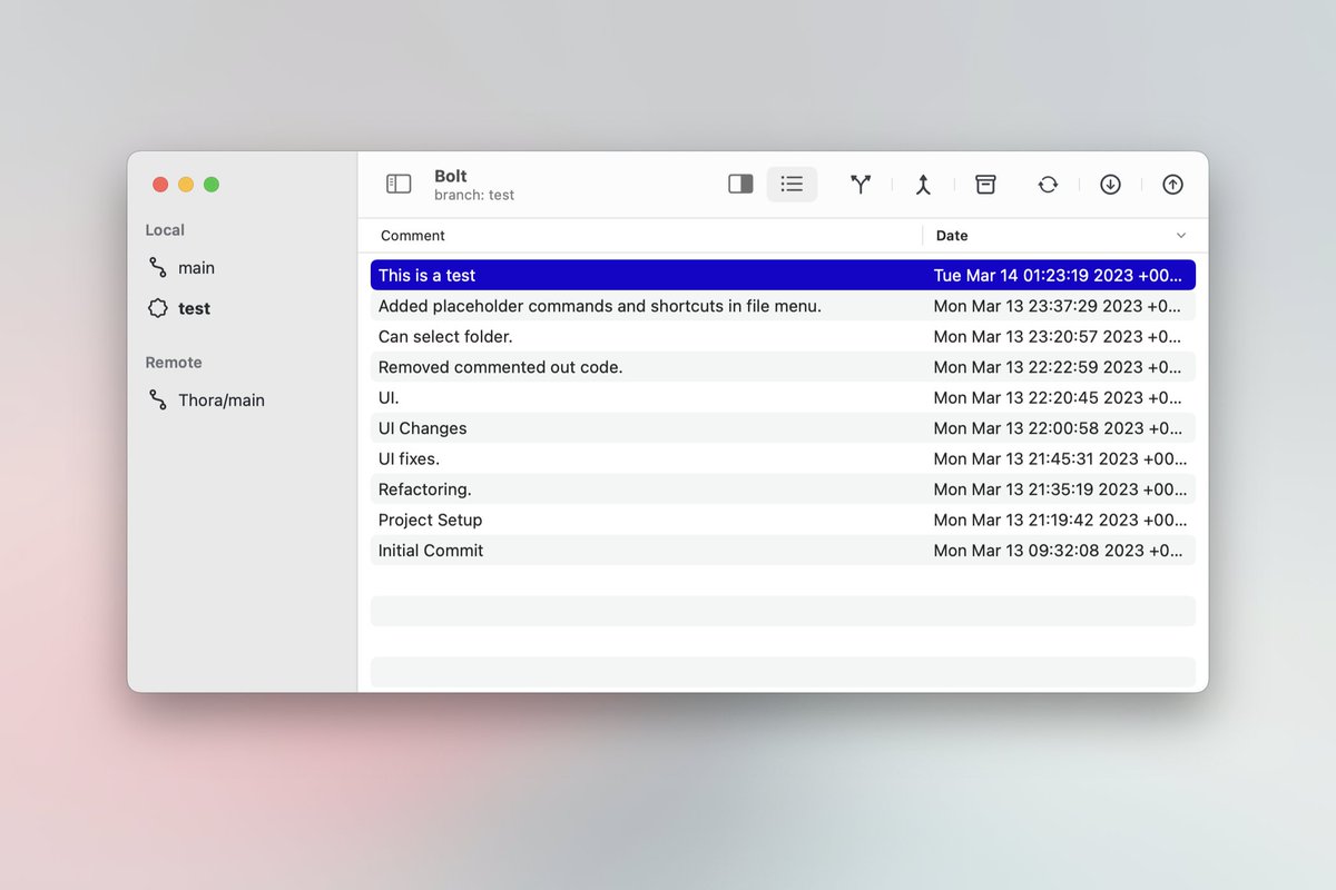 RobSwish's tweet photo. It doesn't look like much but this is the first commit and push made by my new git client. 🥳

Currently code named; Bolt - because it's seriously quick.

Oh and I'm viewing it in Bolt of course.

A couple things I've learned about Mac apps👇 https://t.co/dxyZN10t2n