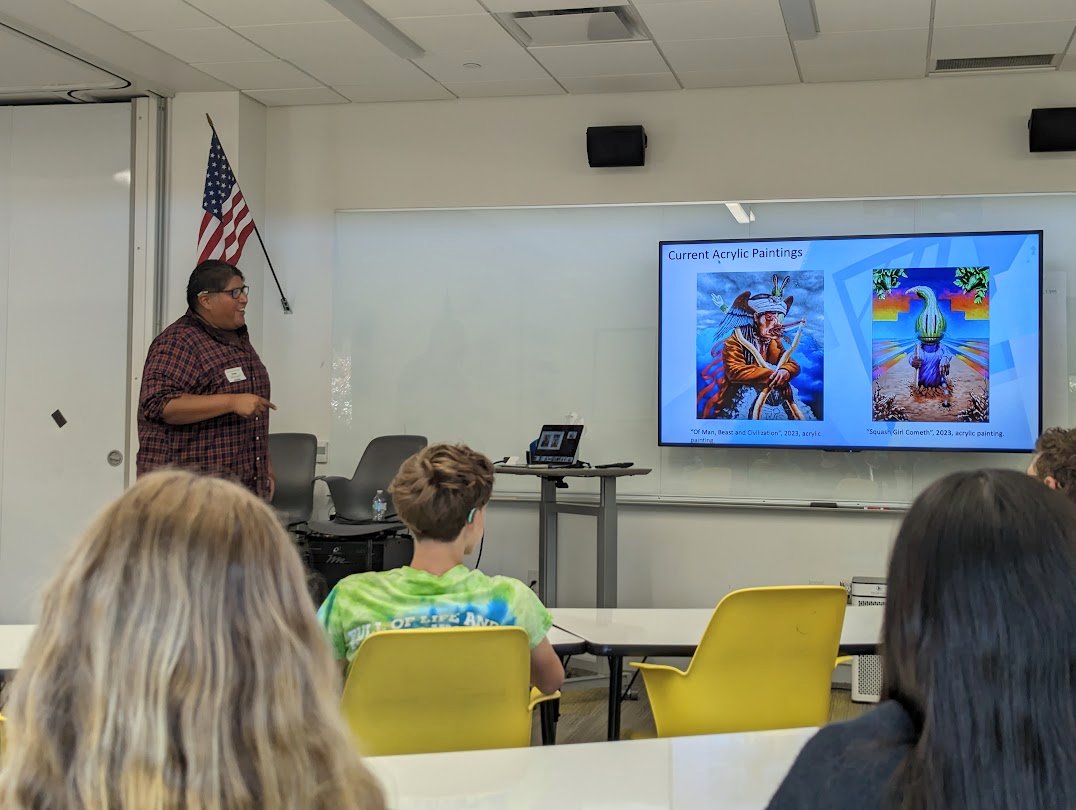 herbergeracad's tweet photo. Today, local artist Dwayne Manuel discussed how he weaves his passion for his culture, family, and experiences into his artwork. Our students continue to express how much they appreciate incorporating guest speakers from the community into our studies! https://t.co/XtHEBiMGu2