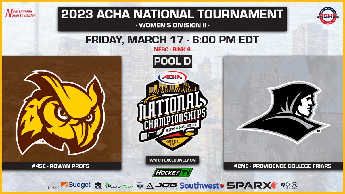 ACHAWomensD2's tweet image. 𝗣𝗢𝗢𝗟 𝗣𝗟𝗔𝗬 𝗚𝗔𝗠𝗘 𝟭𝟲 𝗦𝗧𝗔𝗥𝗧𝗜𝗡𝗚 𝗦𝗢𝗢𝗡
🏒 @RowanWIceHockey (away) vs. Providence (home)
🕕 6:00pm
📍 Rink 6 @NESportCenter 
🎦 @MyHockeyTV hockeytv.com/event/2954/sch…
#ACHANationals #ACHAW2 #PoolD