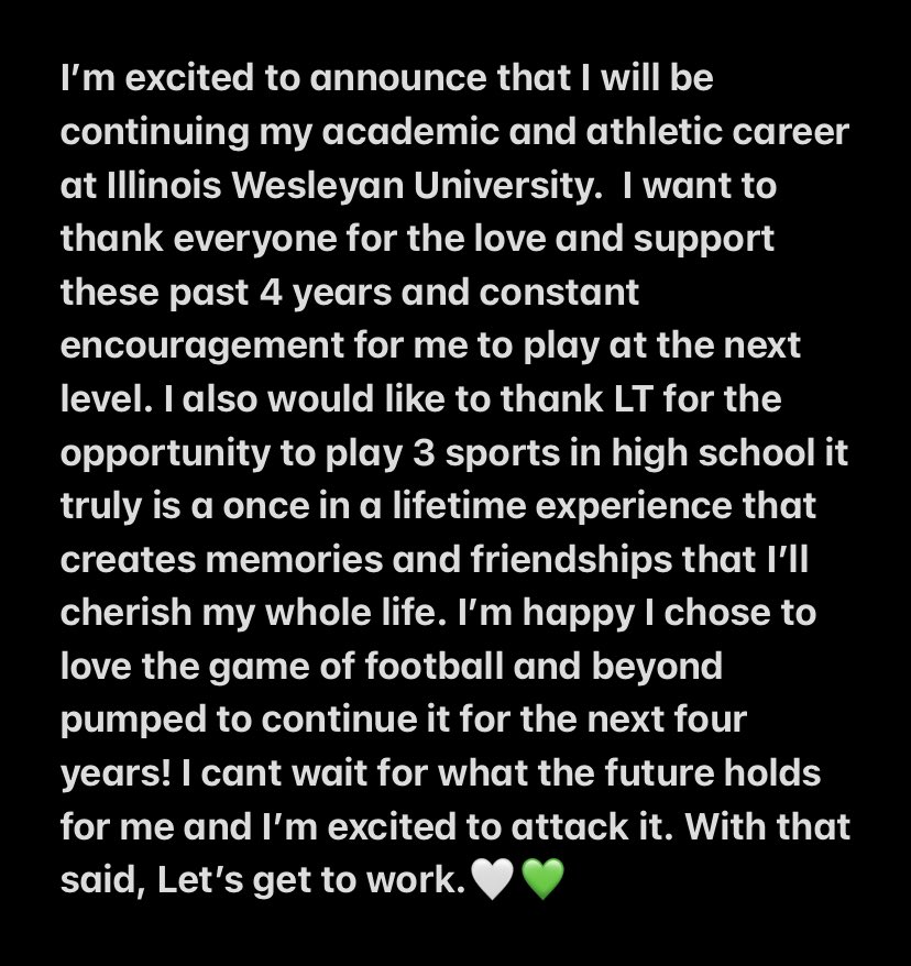 cooper_king77's tweet photo. Extremely blessed to say I have committed to Illinois Wesleyan University. I have loved every second of highschool ball and it’s time to bring my talents to the next level. Thank you to everyone who has helped me get to where I am today. Let’s get to work. @IWUTitanFball https://t.co/3BV1RD4zzg