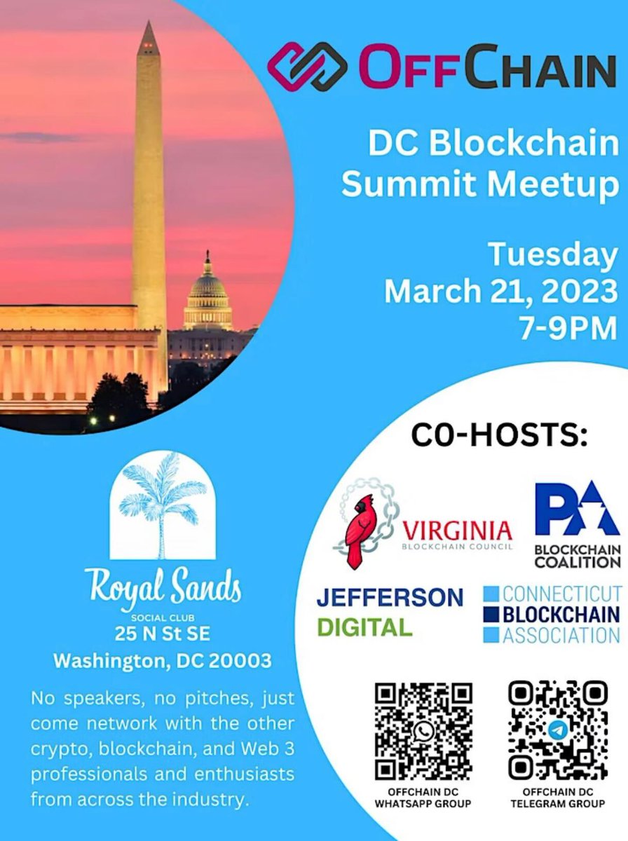 VABlockCouncil's tweet photo. In collaboration with @offchainglobal, @pa_blockchain, the Connecticut Blockchain Association, &amp; Jefferson Digital Technologies, the Virginia Blockchain Council invites you to come down after the 2023 DC Blockchain Summit to the Royal Sands Social Club. https://t.co/BEmgF78Ymi